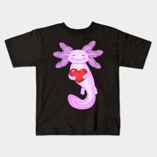 Purple axolotl holding a big red heart Kids T-Shirt